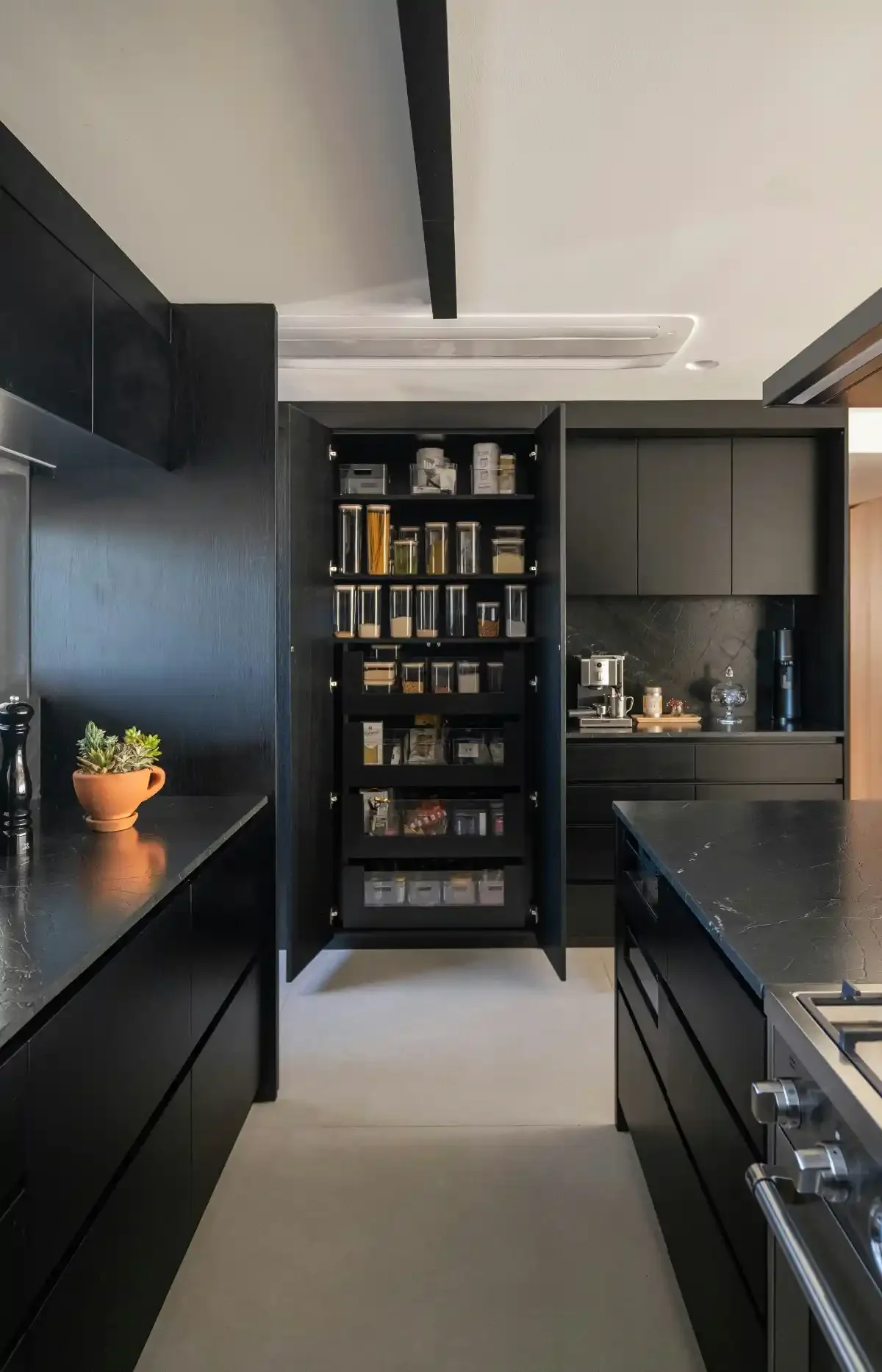 Contemporary matte-black kitchen featuring a tall open pantry.