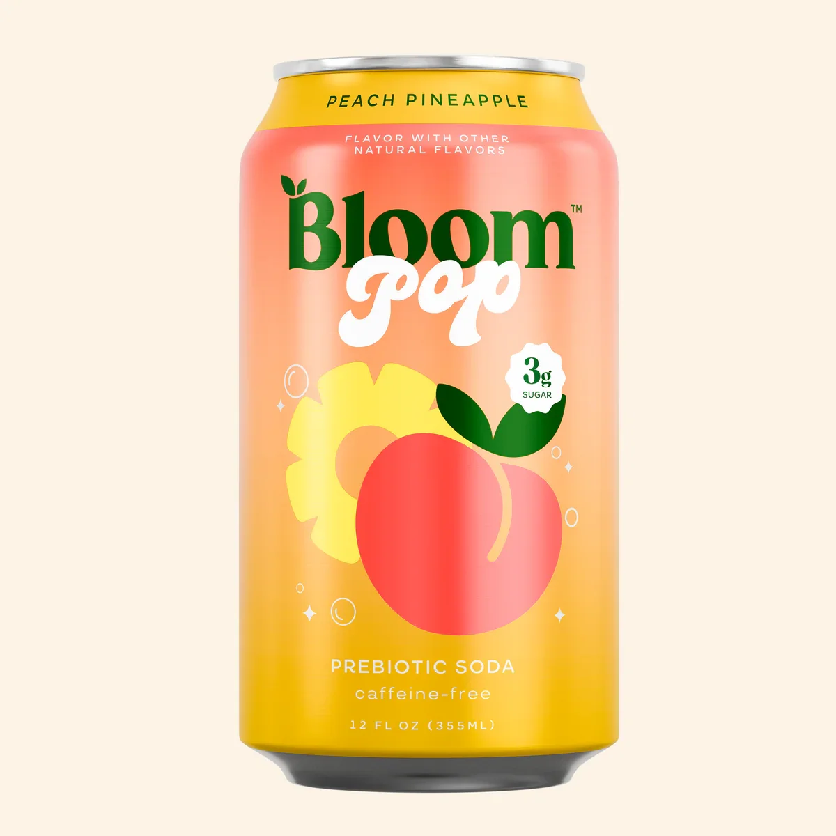 Bloom Pop Peach Pineapple prebiotic soda can with yellow-to-peach gradient and playful peach-and-pineapple graphics on a light background.