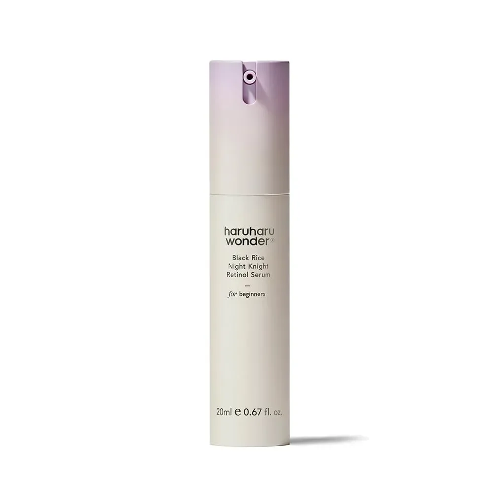 Haruharu Wonder Black Rice Night Knight Retinol Serum minimalist pump bottle, gentle formula for beginners.