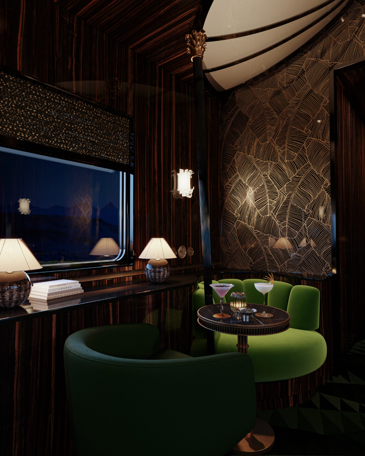 Art-deco Orient Express bar car with emerald armchairs, marble cocktail table and soft lamp-light against nighttime mountains (concept image, not Orient Express Corinthian).