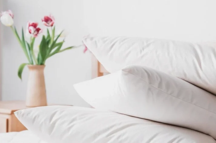 Natural cotton-shelled wool pillow by Shepherd's Dream on white background.