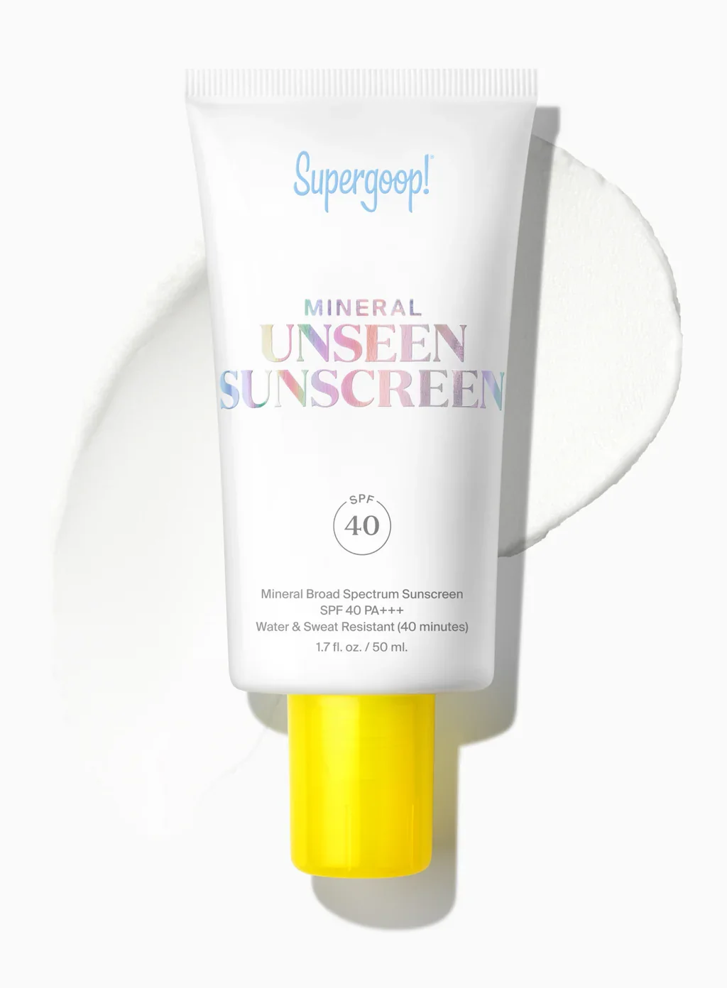 Tube of Supergoop! Mineral Unseen Sunscreen SPF 40 with velvety white swatch on white.