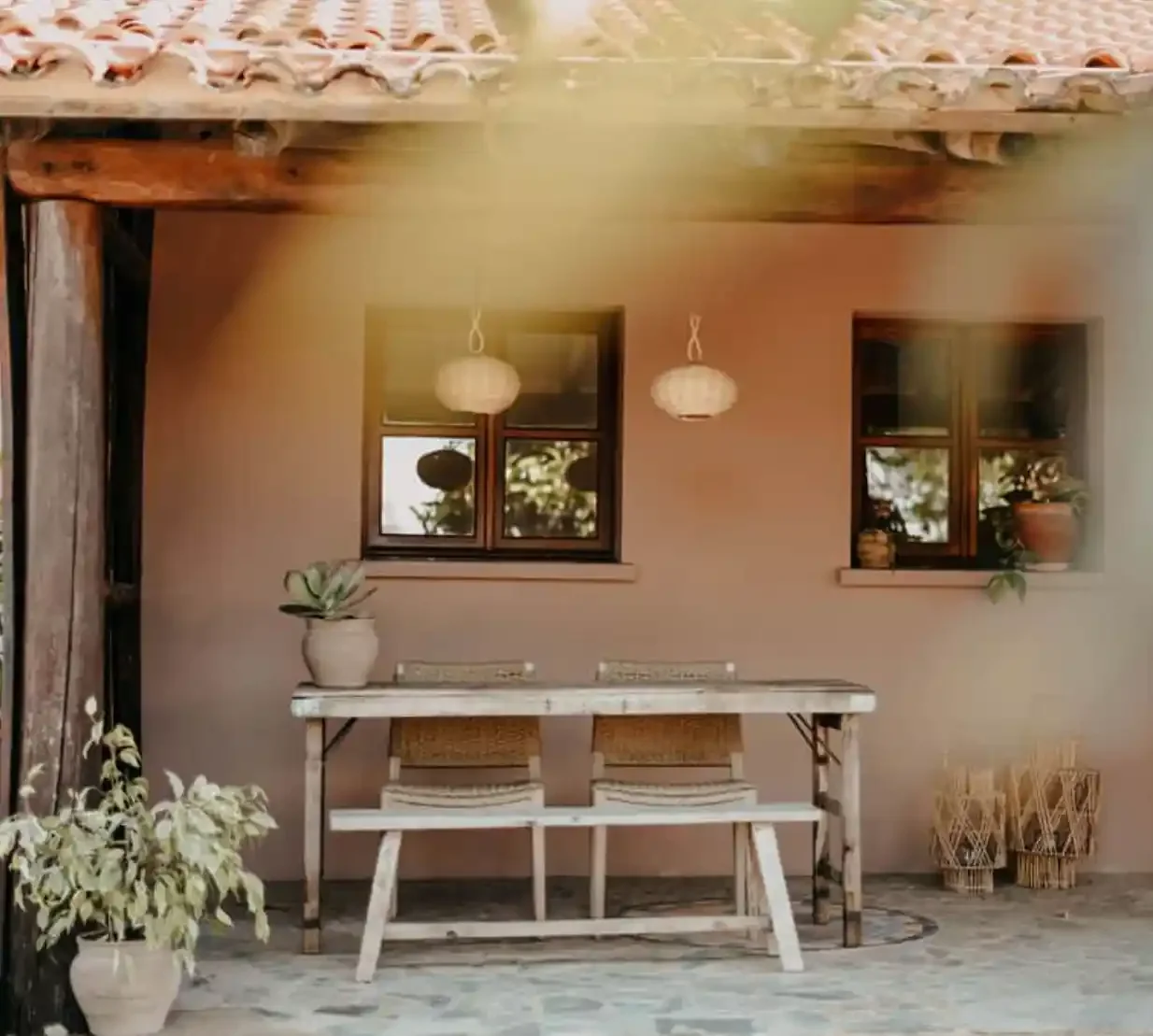 Rustic covered patio at The Lemon Lodge, Portugal.