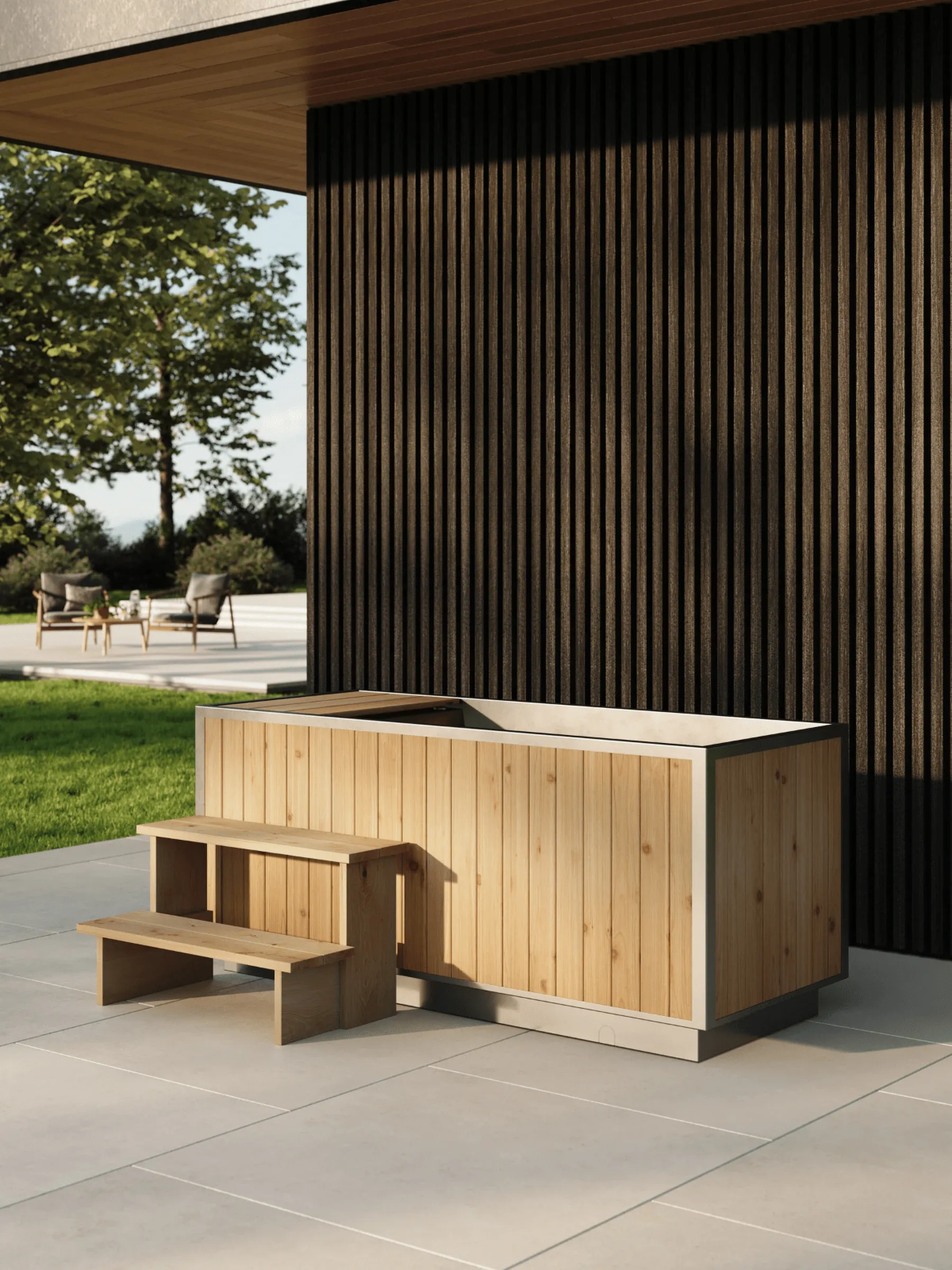 Outdoor wooden cold plunge tub by Goodland.