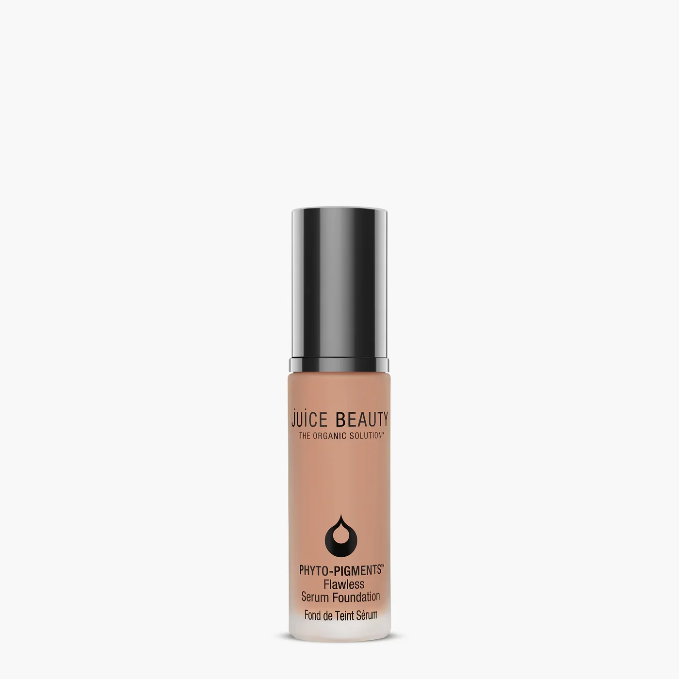  Juice Beauty Phyto-Pigments Flawless Serum Foundation, glass pump bottle with chrome cap in a medium tan shade, on white. 