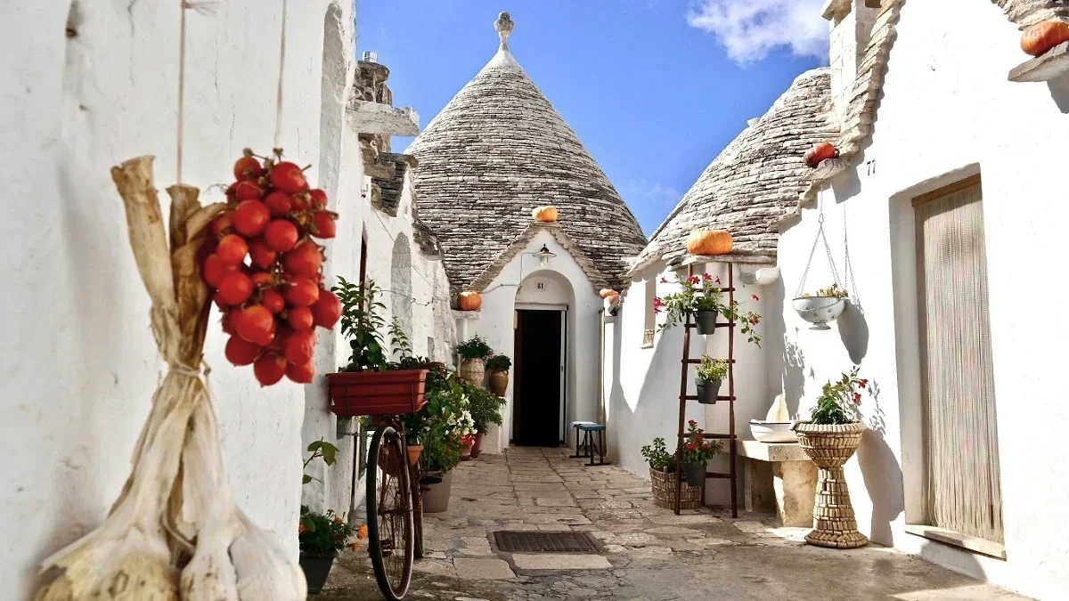  Whitewashed trulli in Alberobello line a sunny lane, garnished with hanging tomatoes, pumpkins and potted flowers. 