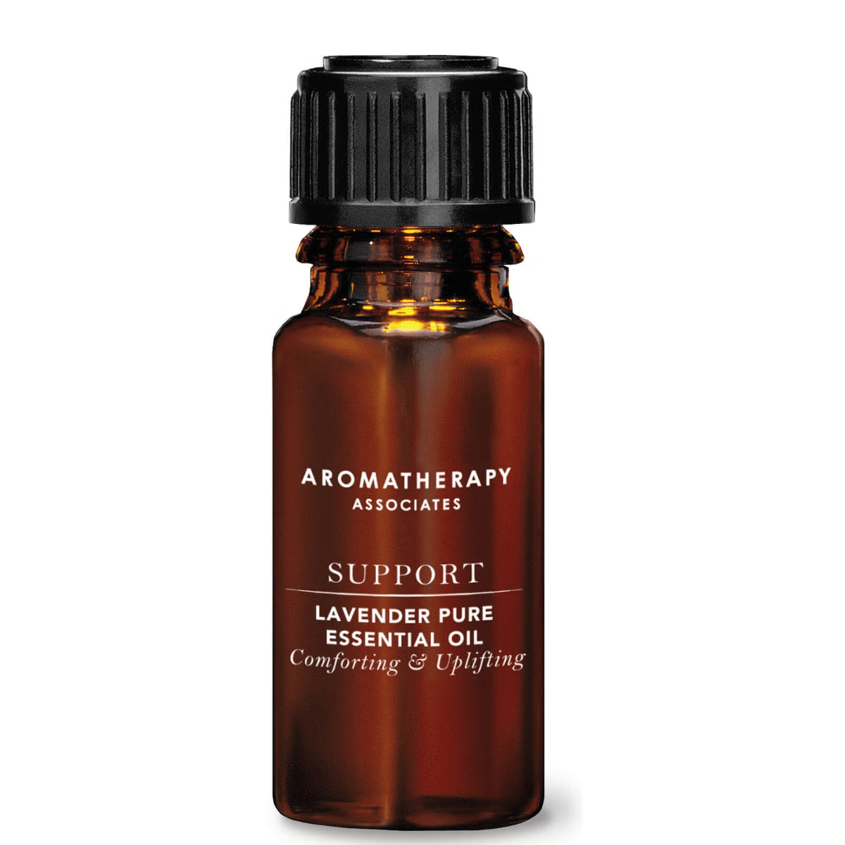 Amber glass bottle of Aromatherapy Associates Support Lavender Pure Essential Oil for soothing aromatherapy.
