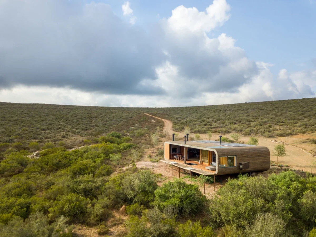 Melozhori pod cabin set in the Overberg with open Karoo-like terrain and uninterrupted natural views.