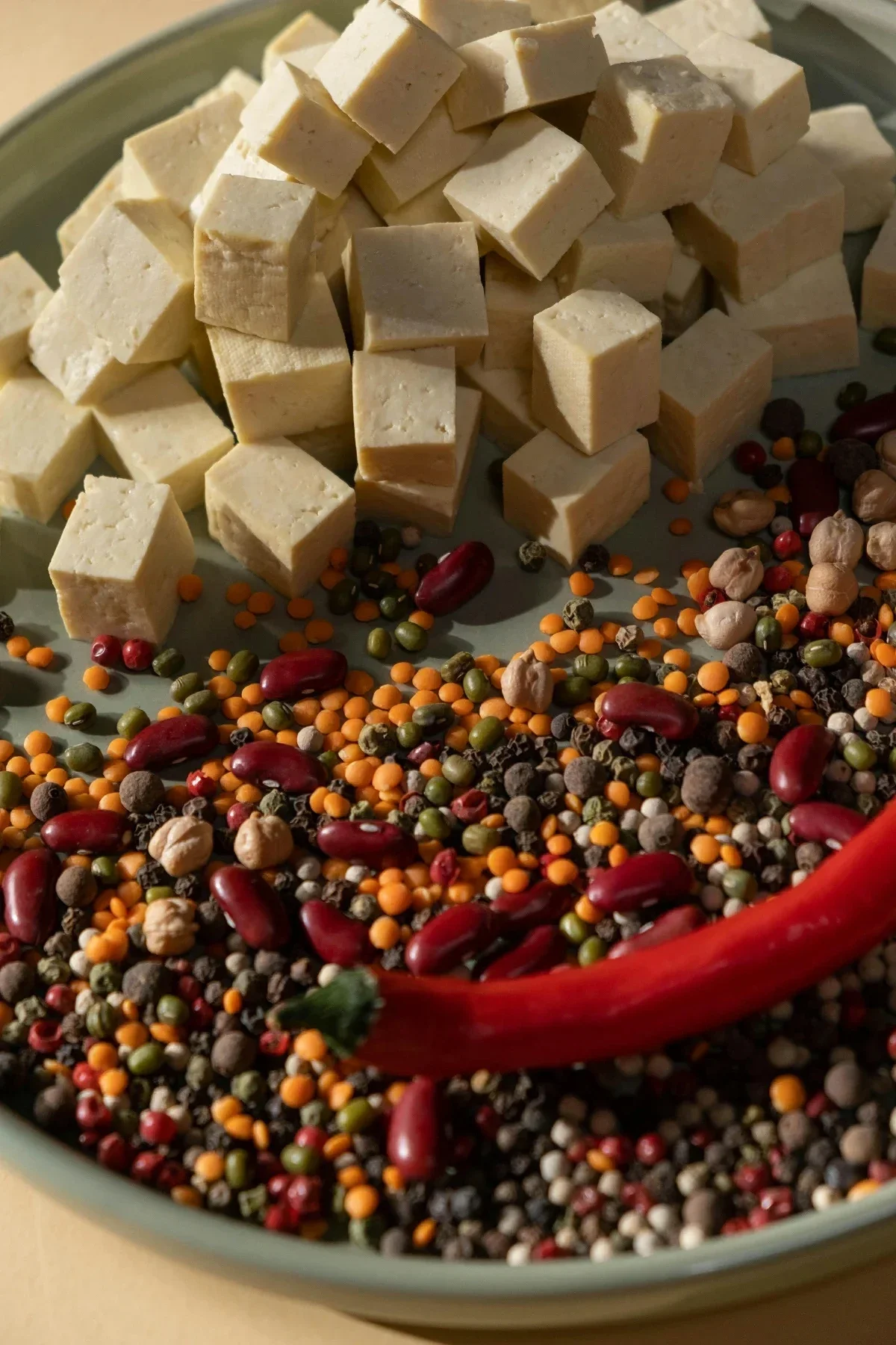 Cubed tofu with mixed legumes, lentils, and spices on a plate, showcasing diverse plant-based protein ingredients.