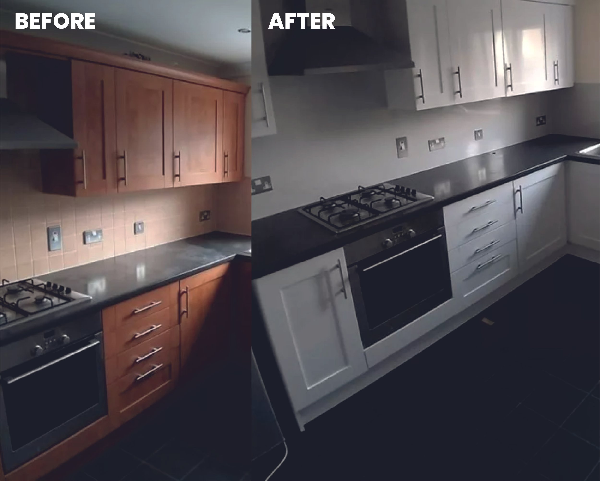 Side-by-side comparison of a kitchen renovation, showing the kitchen before with wooden cabinets and after with white cabinets, black countertops, and stainless steel appliances. Architectural wrap film. Signmakers Cork & Kerry, Ireland.