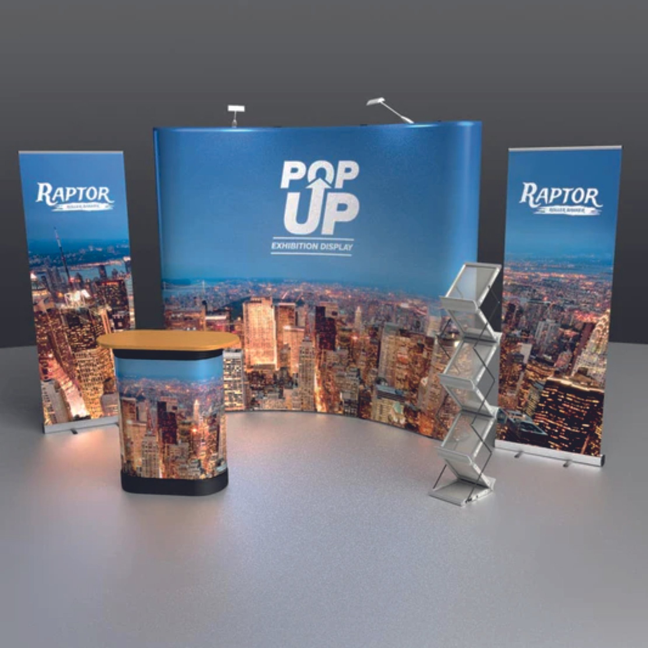 Trade show exhibit booth with pop-up display, featuring cityscape graphics and a promotional counter. Signmakers Cork & Kerry, Ireland.