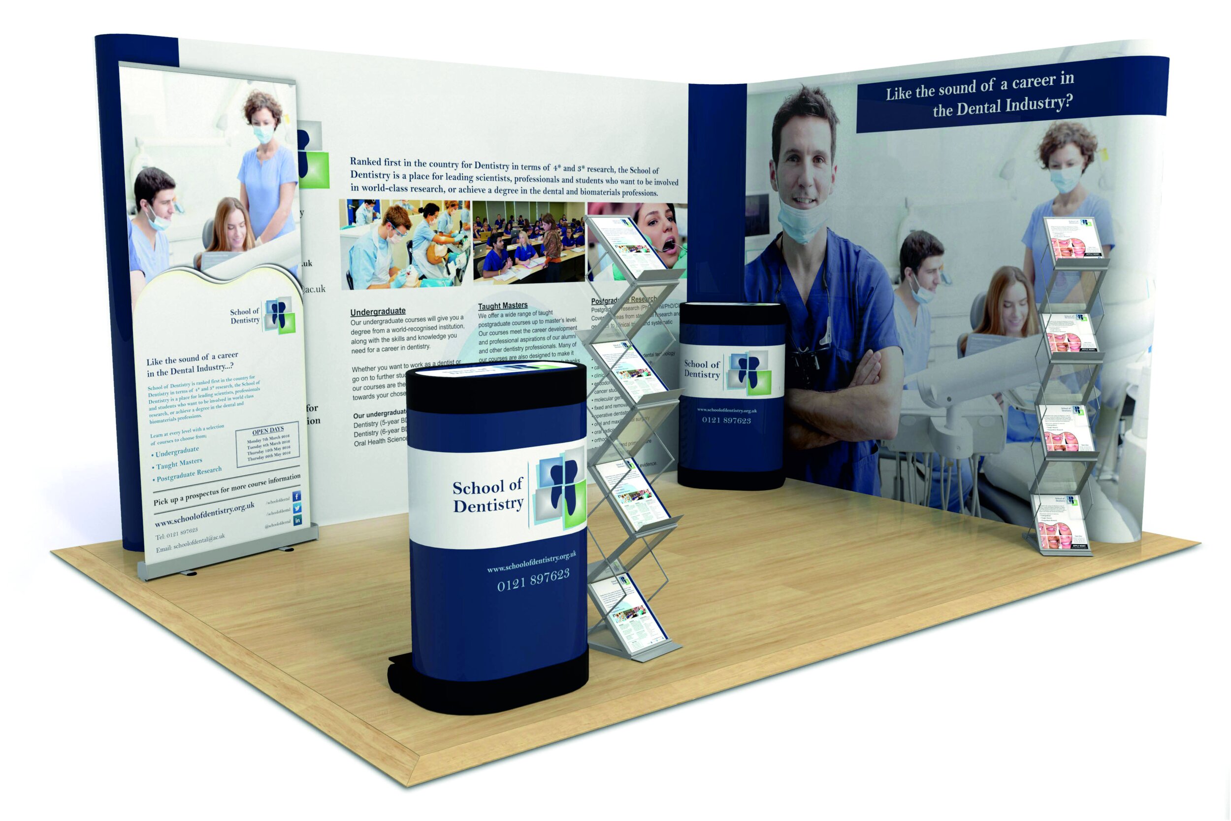 exhibition booth showcasing information & featuring pamphlets, banners, and a display stand with visuals. Signmakers Cork & Kerry, Ireland.