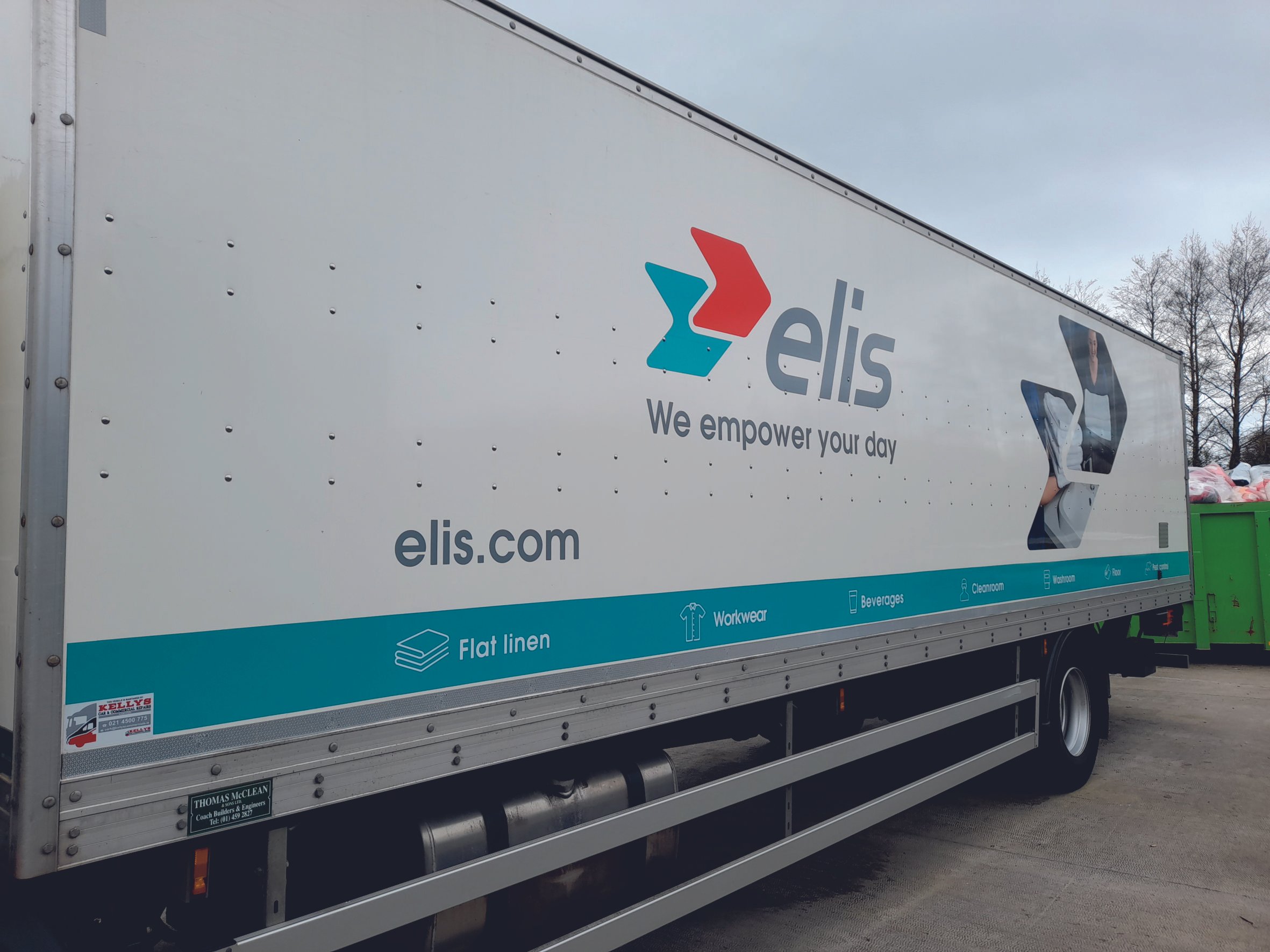Delivery truck with Vehicle wrap. Vehicle Graphics. Commercial Vehicle Branding. Plant Hire Signage. Signmakers Cork & Kerry, Ireland.