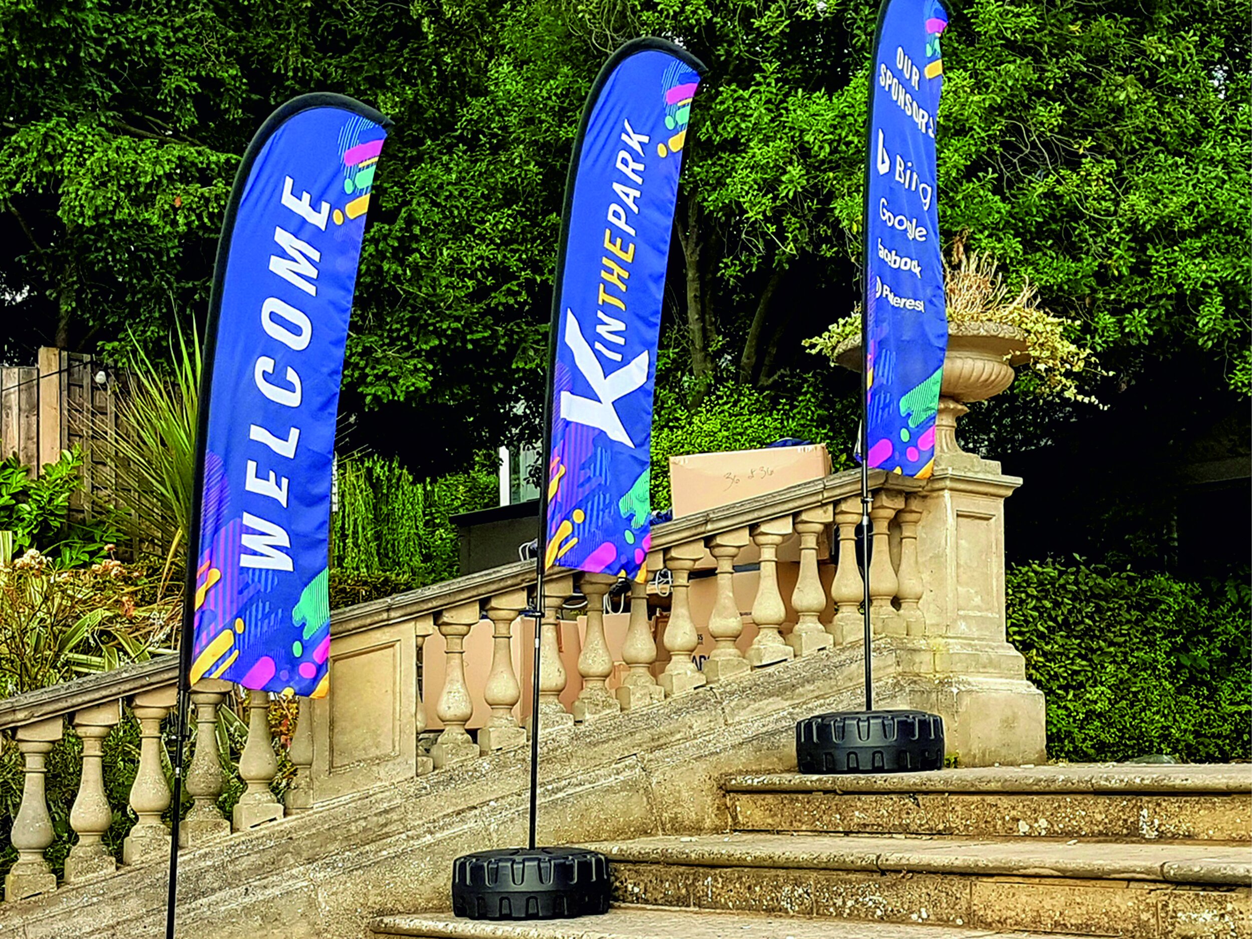 Three vertical banners. Teardrop flags banners. Signmakers Cork & Kerry, Ireland.