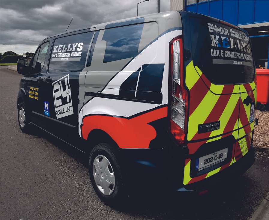 Van with Vehicle wrap. Vehicle Graphics. Commercial Vehicle Branding. Plant Hire Signage. Signmakers Cork & Kerry, Ireland.