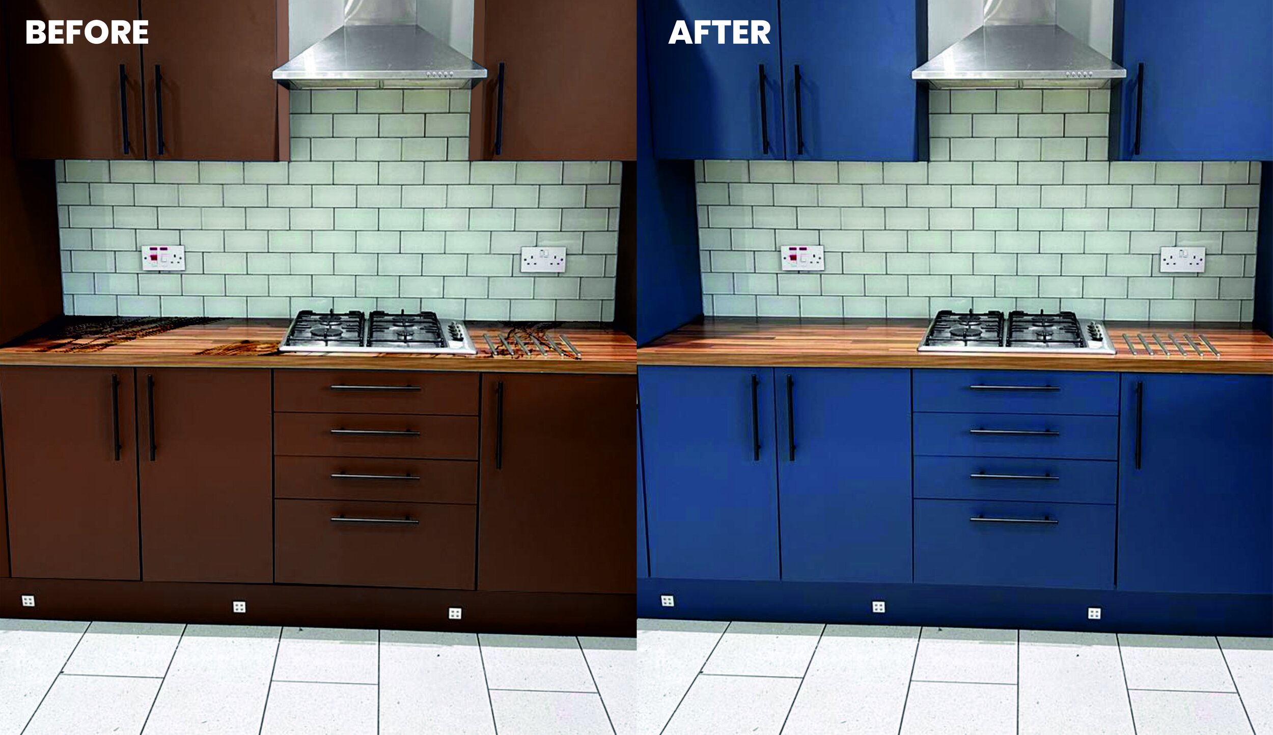 Side-by-side comparison of a kitchen makeover showing a kitchen counter and cabinetry. Architectural wrap film. Signmakers Cork & Kerry, Ireland.