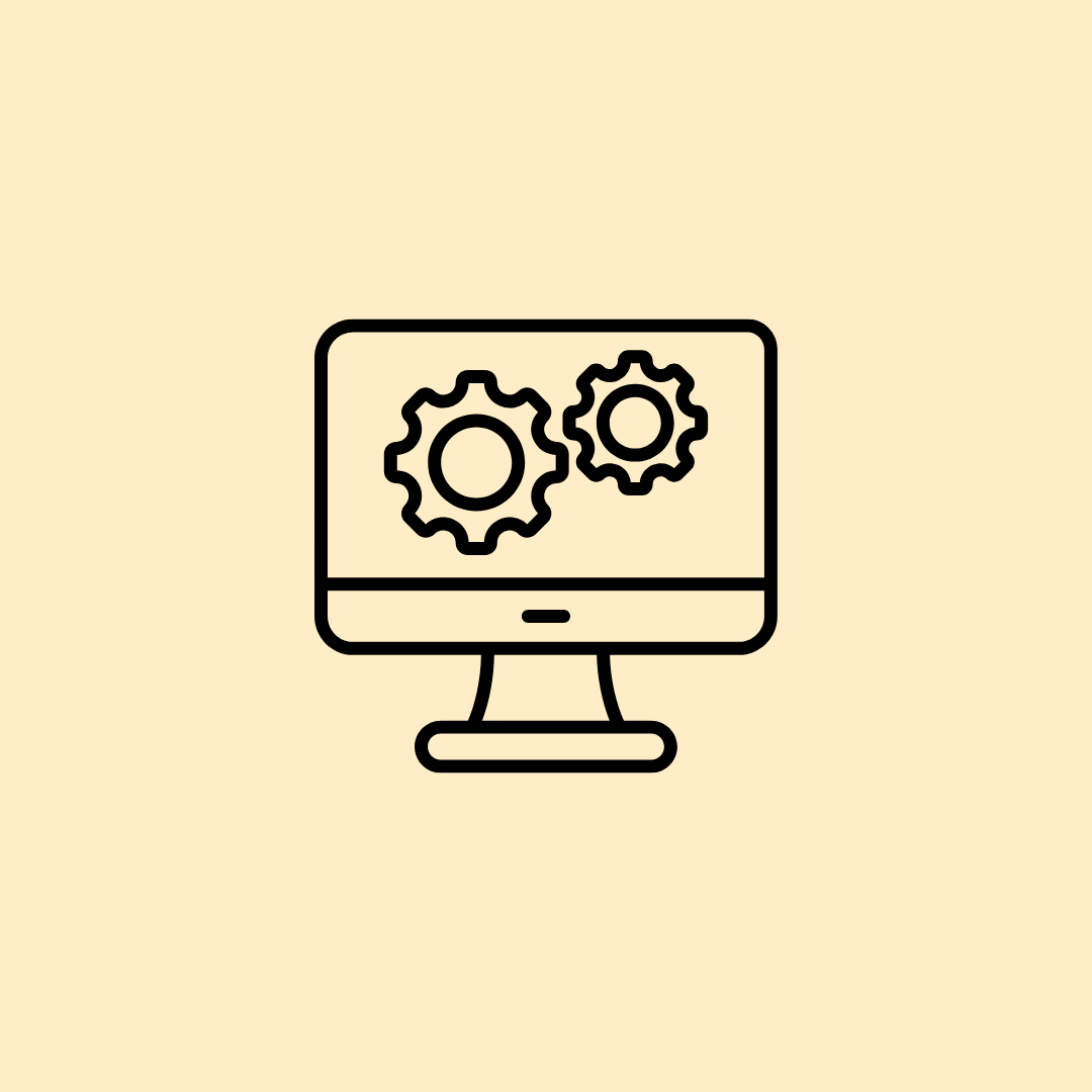 Icon of a computer monitor with two gear symbols on the screen, representing settings or system configuration.