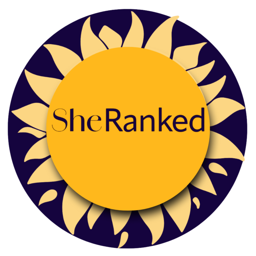 A circular logo with a dark blue background and a sunflower design. In the center, it says "SheRanked" in black text on a yellow circle.