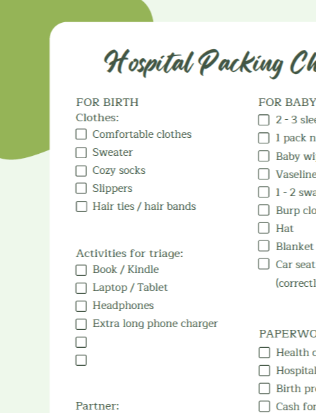 Cropped image of a hospital packing list for planned cesarean including clothes, activities, and items for baby.