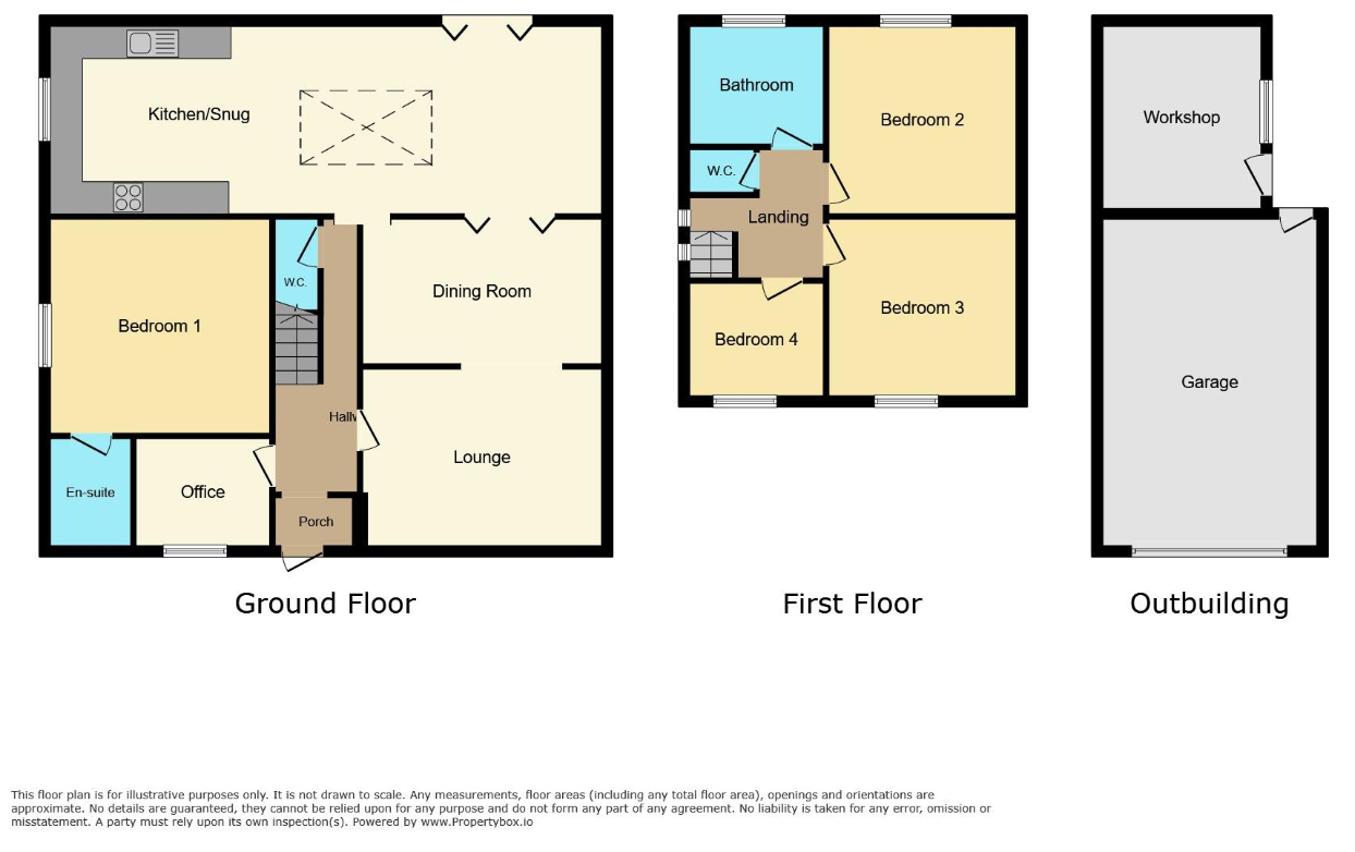 Floor plan of a house with three sections: ground floor, first floor, and outbuilding. The ground floor includes a porch, hall, lounge, dining room, kitchen/snug, bedroom 1 with en-suite and W.C., and a staircase to the first floor. The first floor features a landing, bathroom, W.C., and bedrooms 2, 3, and 4. The outbuilding contains a garage and a workshop.