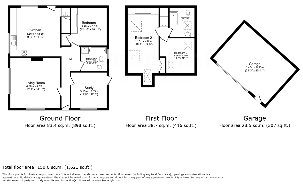 Floor plan of a two-story house with a ground floor, first floor, and detached garage. The ground floor includes a living room, kitchen, bedroom, study, hall, and bathroom. The first floor has two bedrooms and a shower room. The garage is separate from the house.
