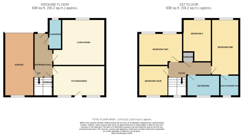 Floor plan of a two-story house showing a ground floor with a garage, entrance hall, living room, kitchen/diner, cloakroom, and storage, and a first floor with four bedrooms, a bathroom, an ensuite shower room, and a cupboard.