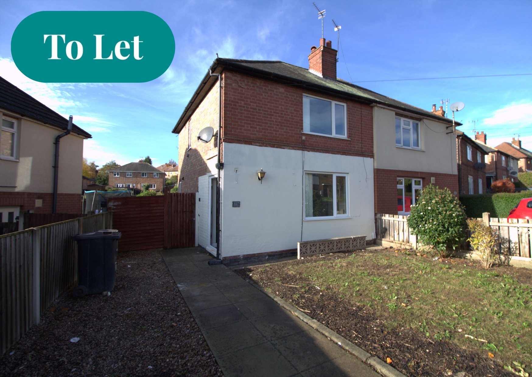 A house with white and brick exterior, two stories, with a garden and a sidewalk in front. There is a sign that says 'To Let' in the top left corner.