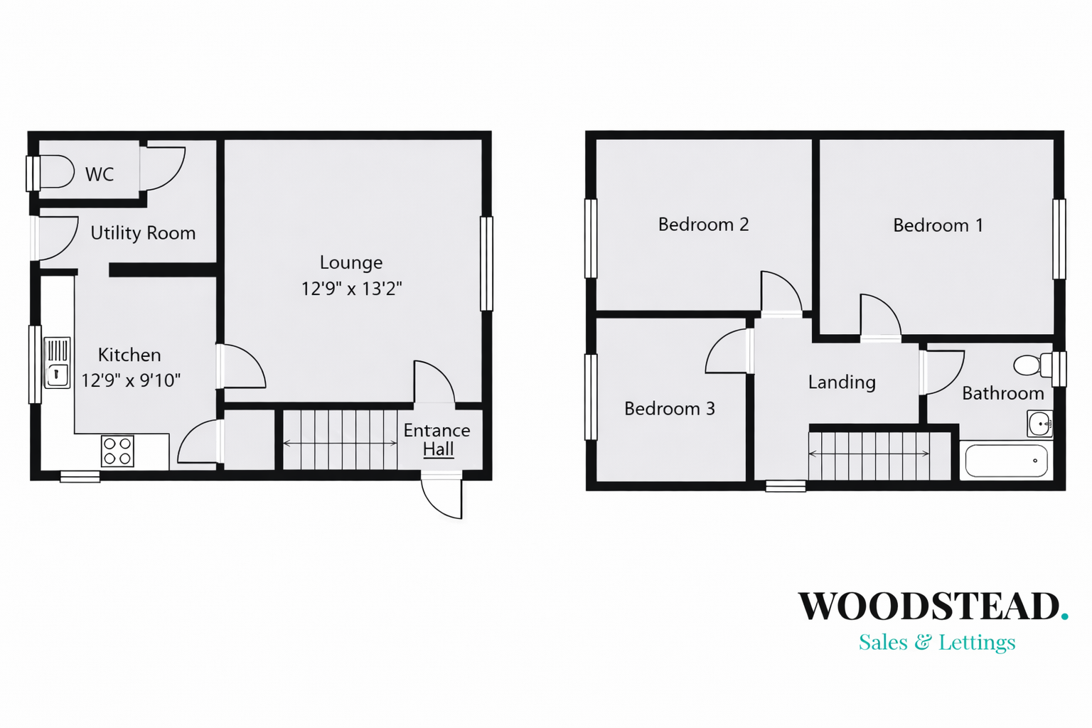 Floor plan of a two-story house with labeled rooms: on the ground floor, a kitchen measuring 12'9" by 9'10", a lounge, utility room, WC, and entrance hall; on the upper floor, three bedrooms, a landing, and a bathroom.