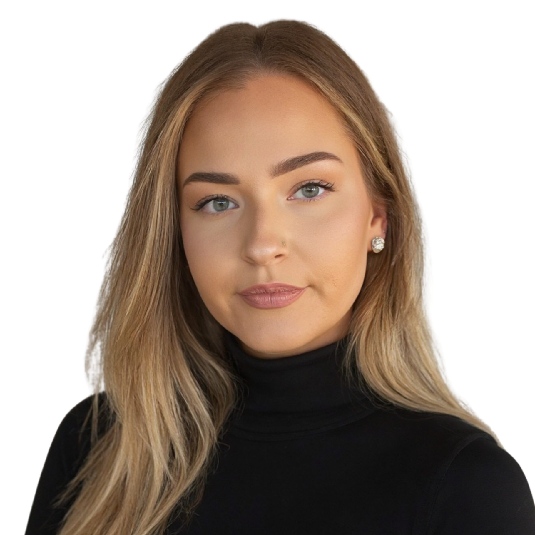Close-up of a young woman with long blonde hair, wearing a black turtleneck and earrings, looking at the camera with a neutral expression.