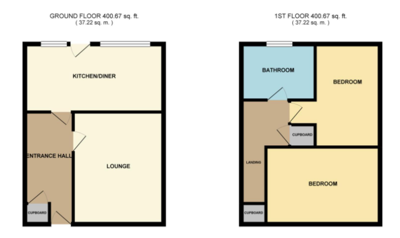 Floor plan of a two-story house with labeled rooms. The ground floor has an entrance hall, a lounge, and a kitchen/diner. The first floor includes two bedrooms, a bathroom, a landing, and two cupboards.