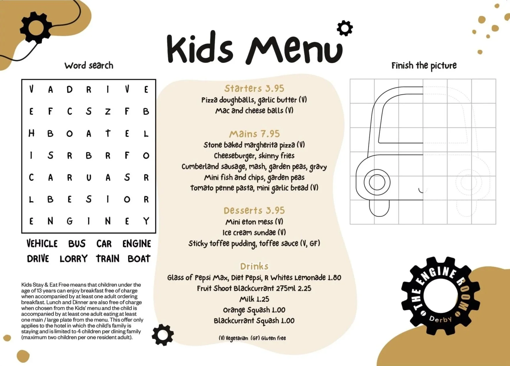 A children's restaurant menu titled "Kids Menu" with sections for Starters, Mains, Desserts, and Drinks. The menu features items like pizza, hamburger, fish and chips, mini eton mess, ice cream, and various beverages, with prices listed. The layout includes word search puzzle, a finish the picture activity, and playful gears and abstract designs.