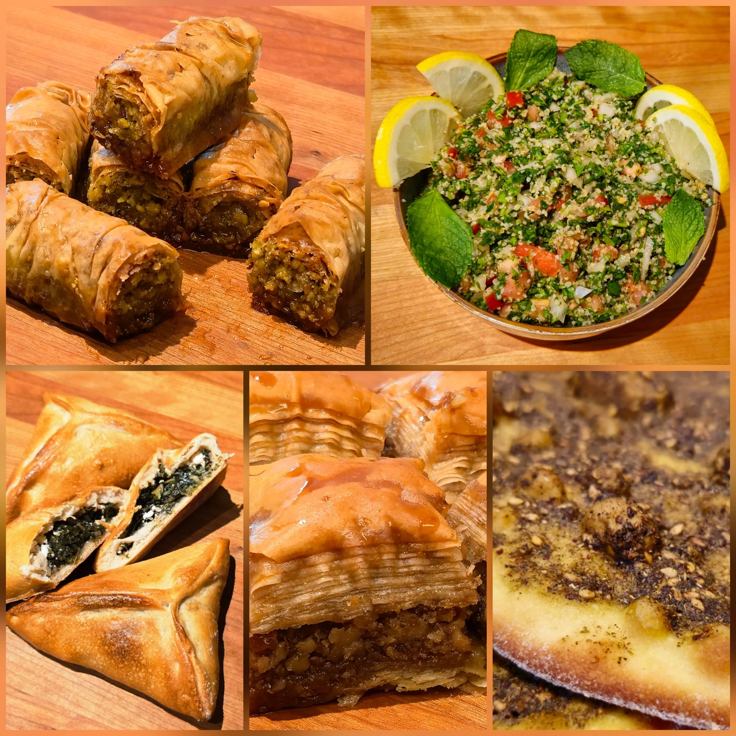 A collage of Middle Eastern dishes including stuffed grape leaves with a spicy filling, tabbouleh salad with lemon wedges and mint, spinach and cheese pastry turnovers, a layered baklava pastry filled with chopped nuts, and a close-up of a meat and cheese pizza with herbs and spices.