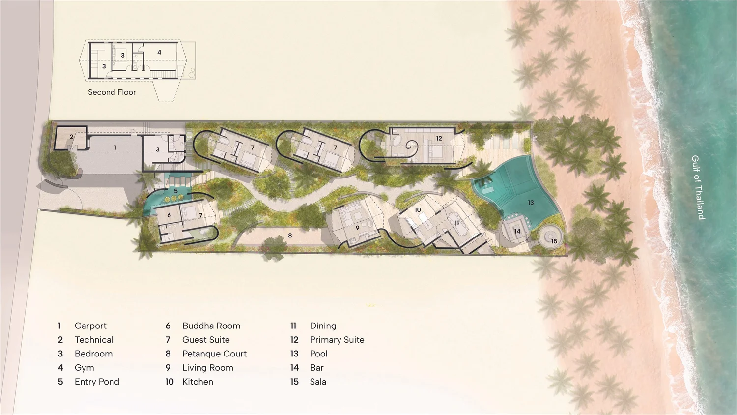 Site plan of the villa pavilions, gardens and pool with a numbered key