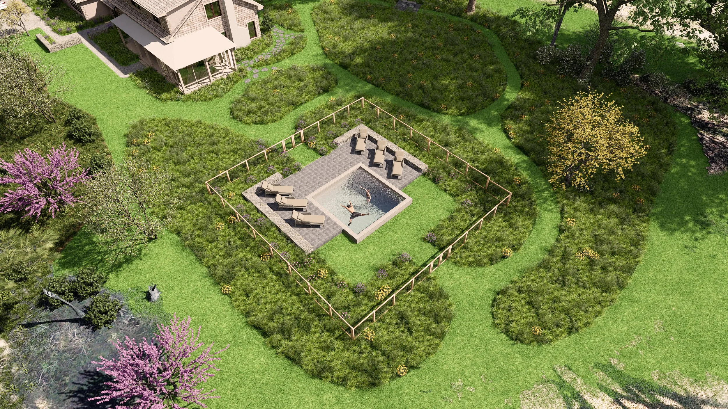 Plunge pool set within the meadow, seen from above