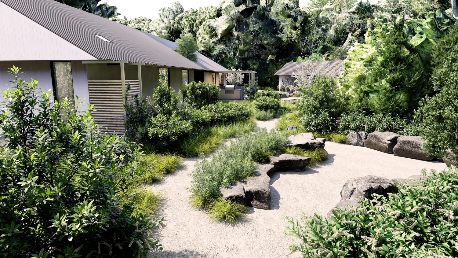 Boulder garden and gravel path at the north approach
