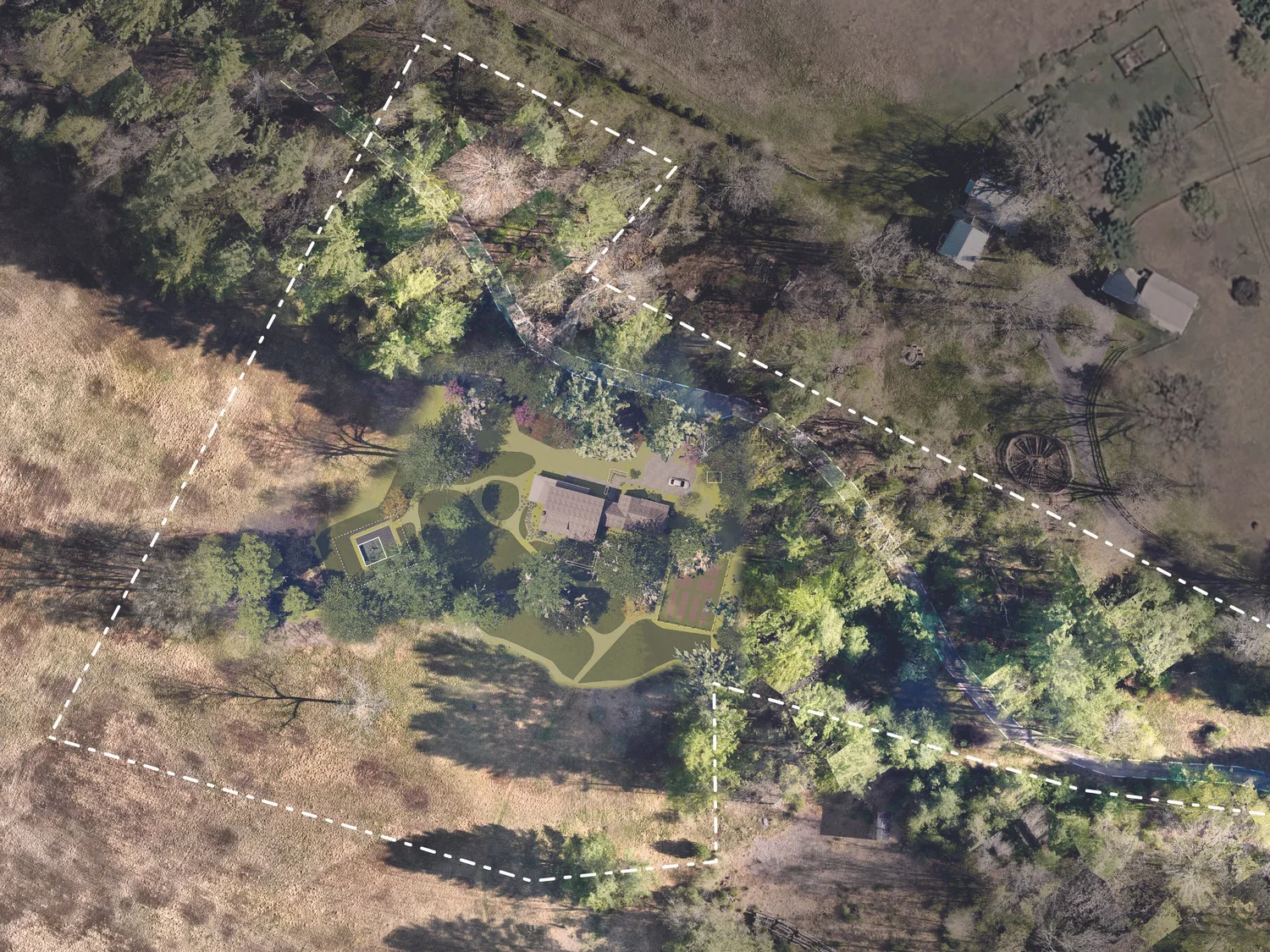 Schematic landscape plan over an aerial photograph, design extents shown dashed