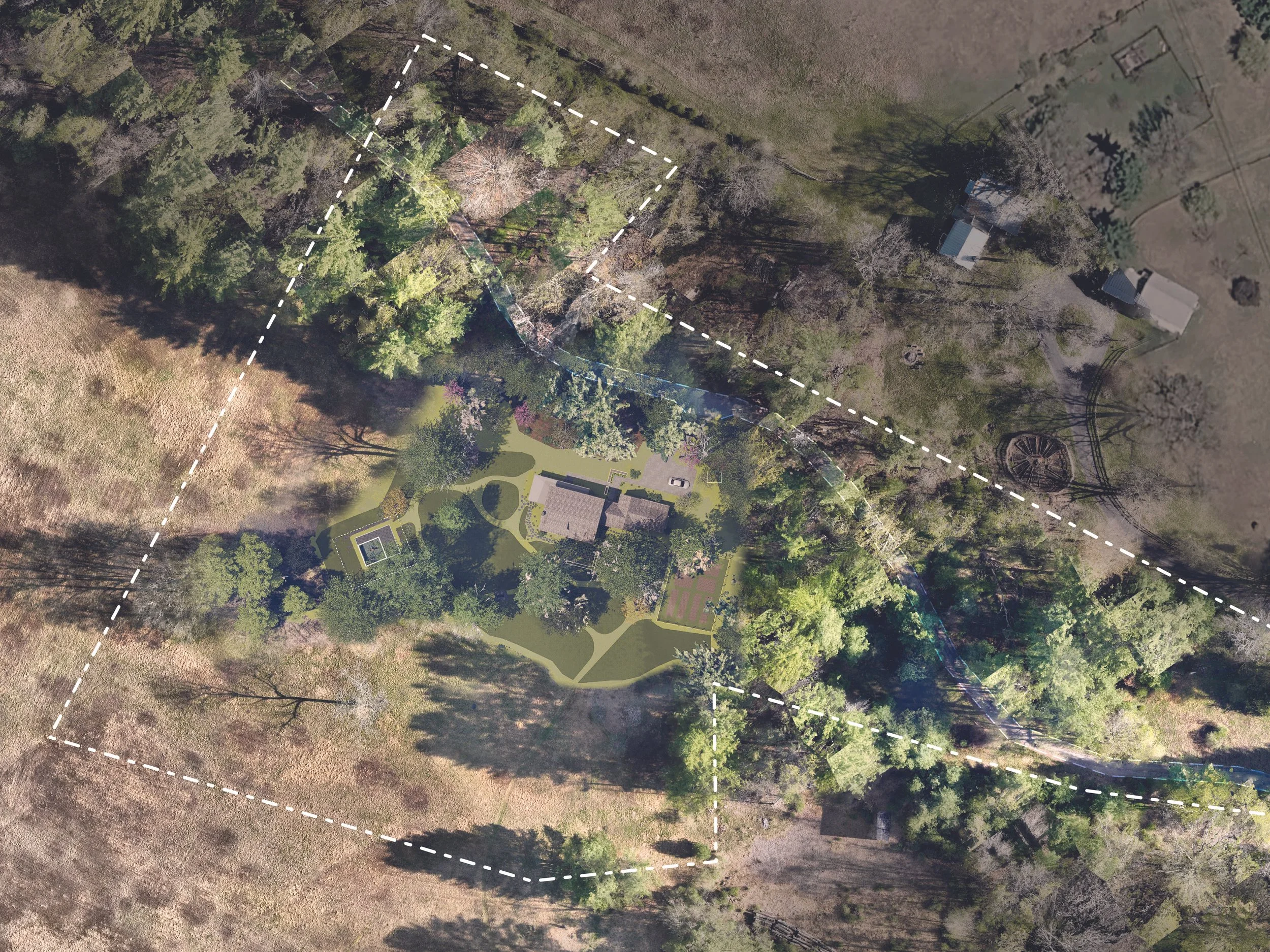 Schematic landscape plan over an aerial photograph, design extents shown dashed