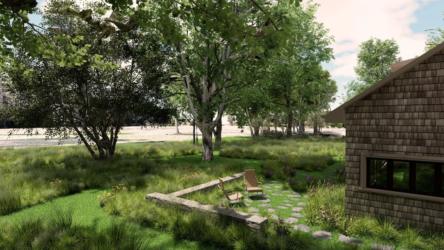 Stone terrace at the edge of the meadow beside the house