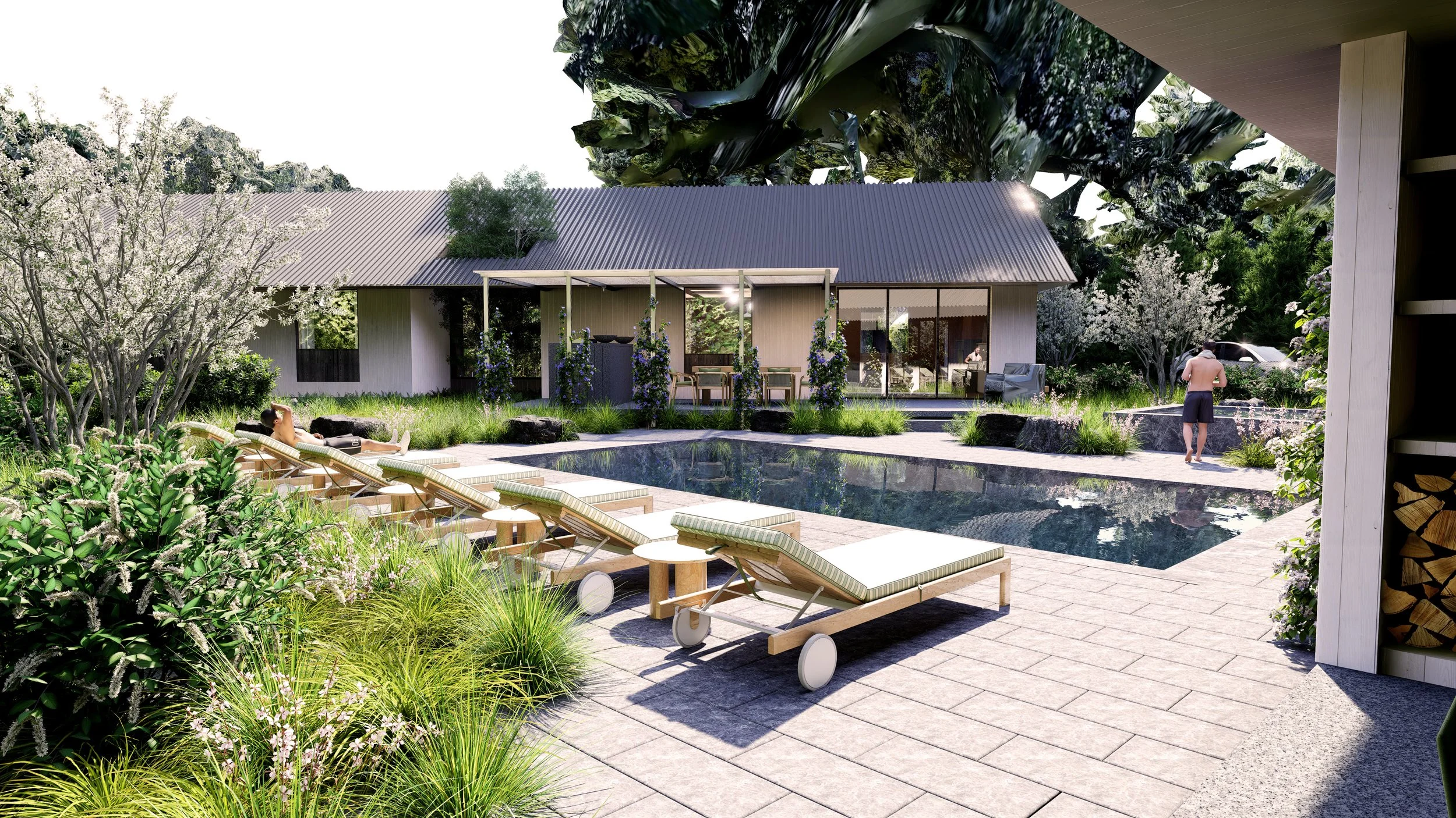 Pool terrace with native planting and stone paving, looking toward the house