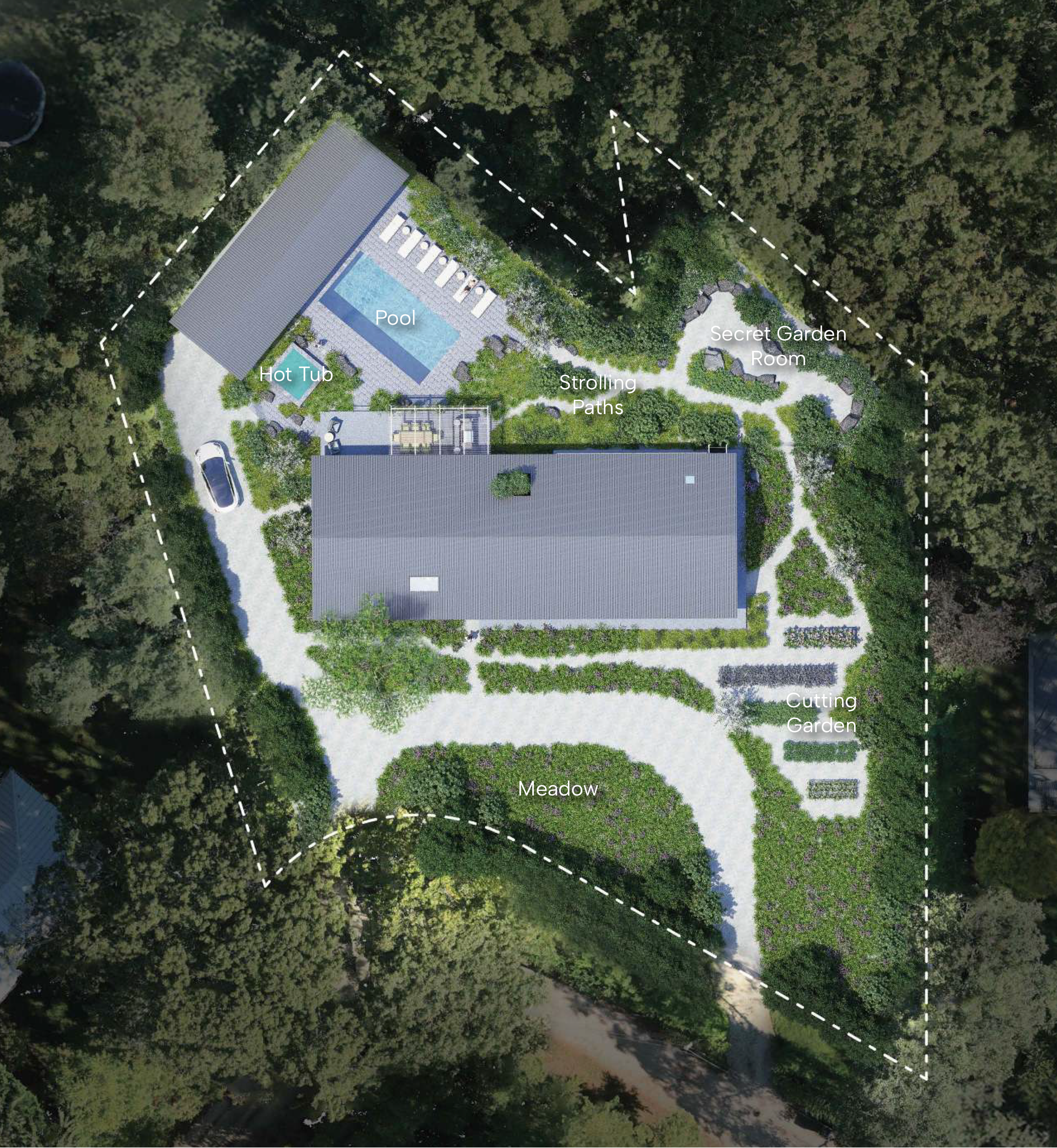 Schematic landscape plan showing meadow, pool terrace and woodland edge