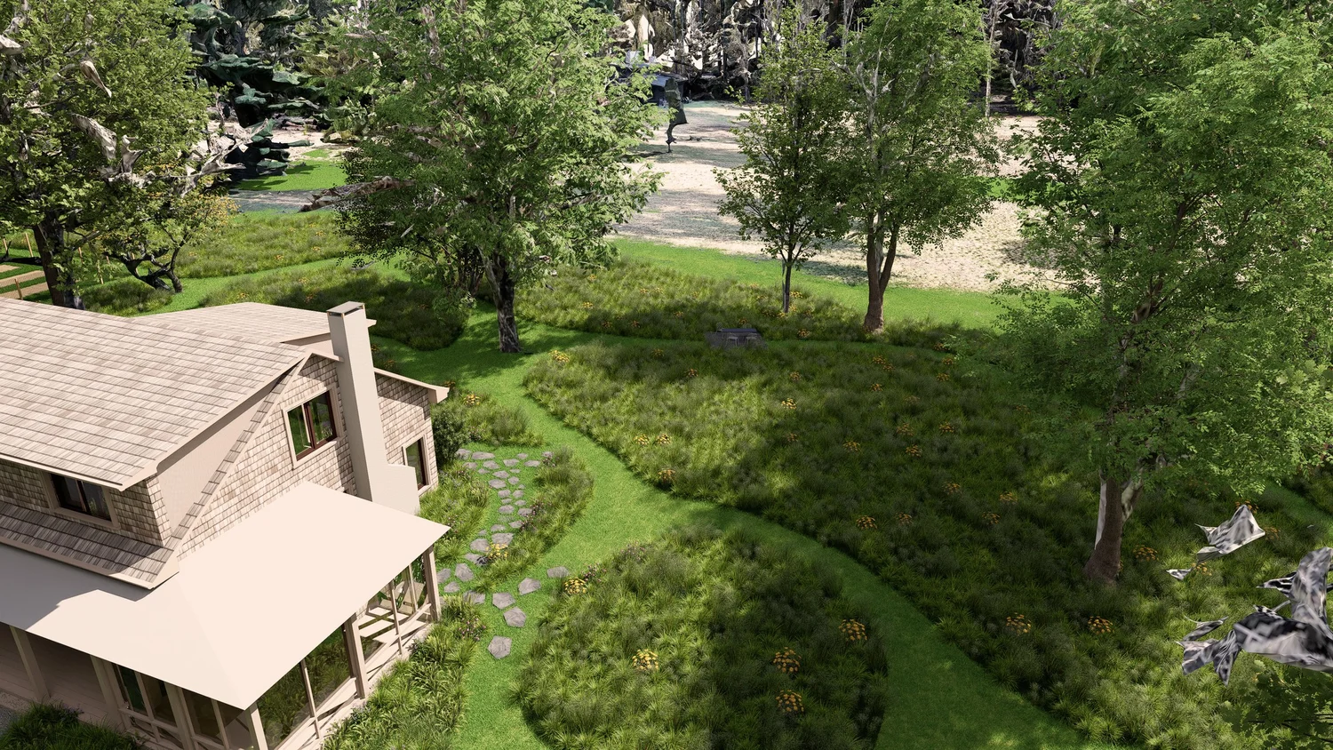 Aerial view of the house set against the protected meadow and woodland edge