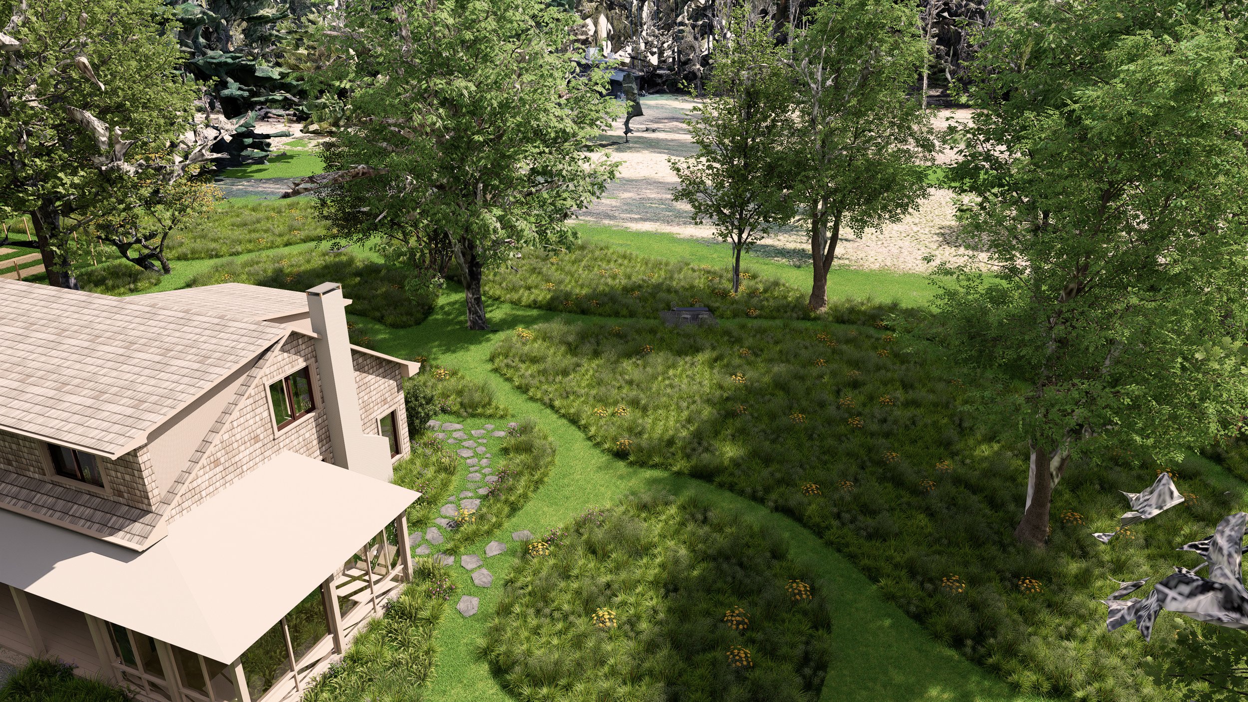 Aerial view of the house set against the protected meadow and woodland edge