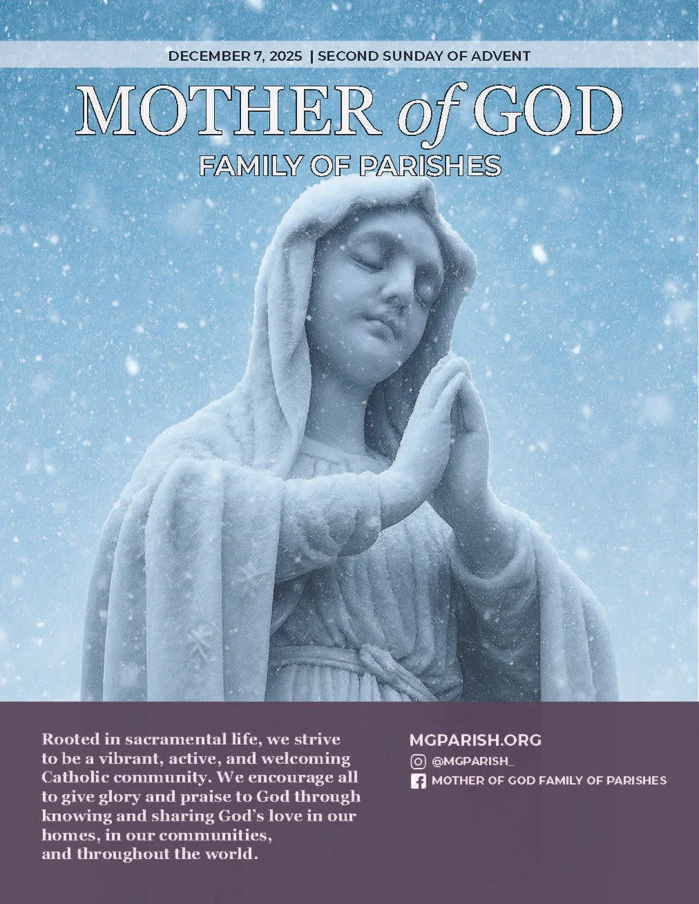 A statue of Mother Mary with a serene expression, hands clasped in prayer, surrounded by falling snow, with a blue background and religious text at the top.