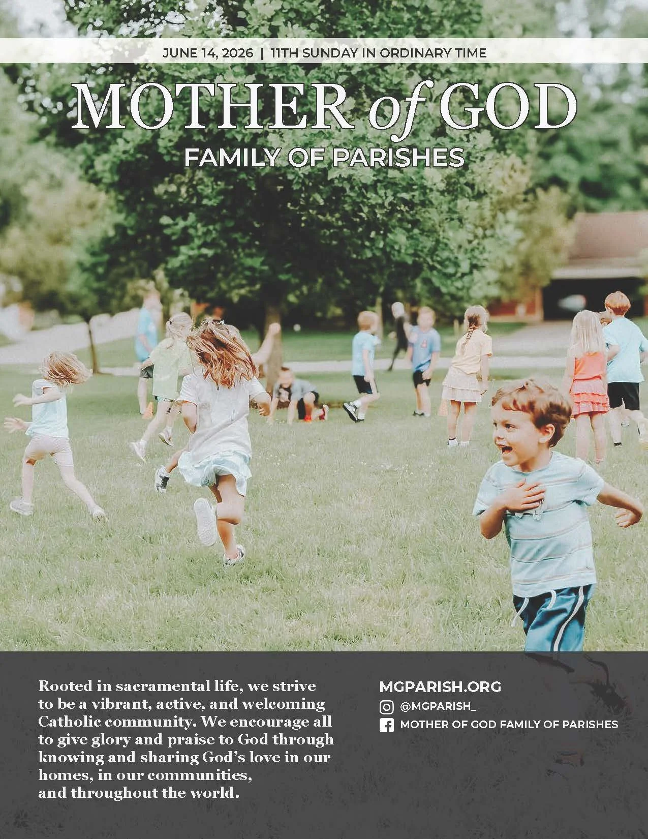 A group of children playing and running on a grassy field in a park with trees in the background, during daytime. The image is overlaid with text pertaining to a religious organization, Mother of God, Family of Parishes, with details about the date, contact info, and mission statement.