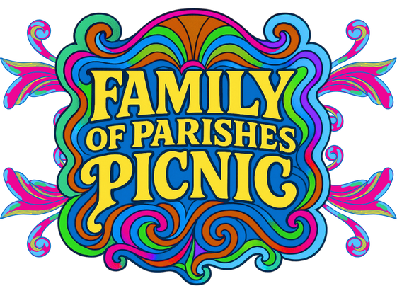 Colorful psychedelic logo for "Family of Parishes Picnic" with swirling patterns in bright pink, blue, green, and orange.