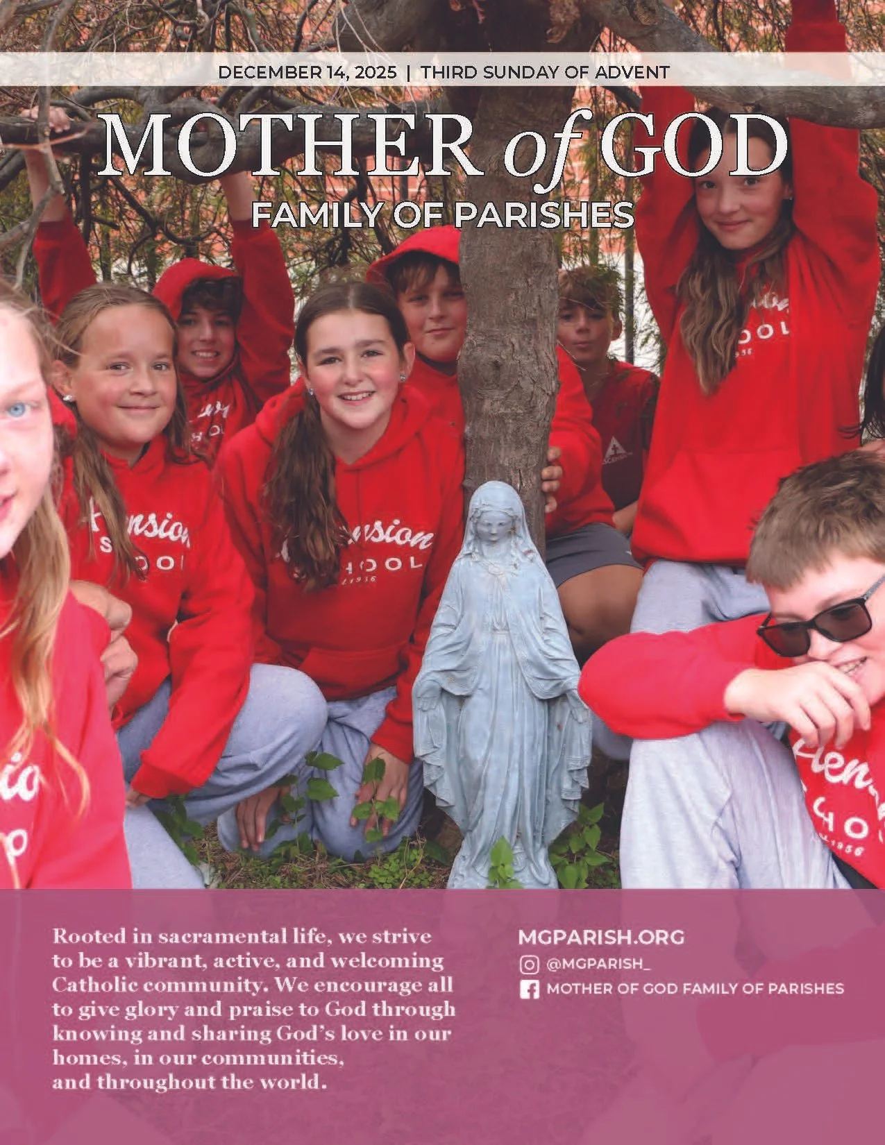 A group of children outdoors, dressed in red hoodies, are surrounding a statue of the Virgin Mary beneath a tree. The photo is part of a church or religious community publication, with text indicating it's December 14, 2025, third Sunday of Advent, and titled 'Mother of God.'