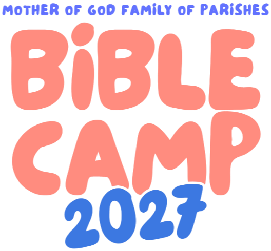 Mother of God Family of Parishes Bible Camp 2027 logo in blue and orange