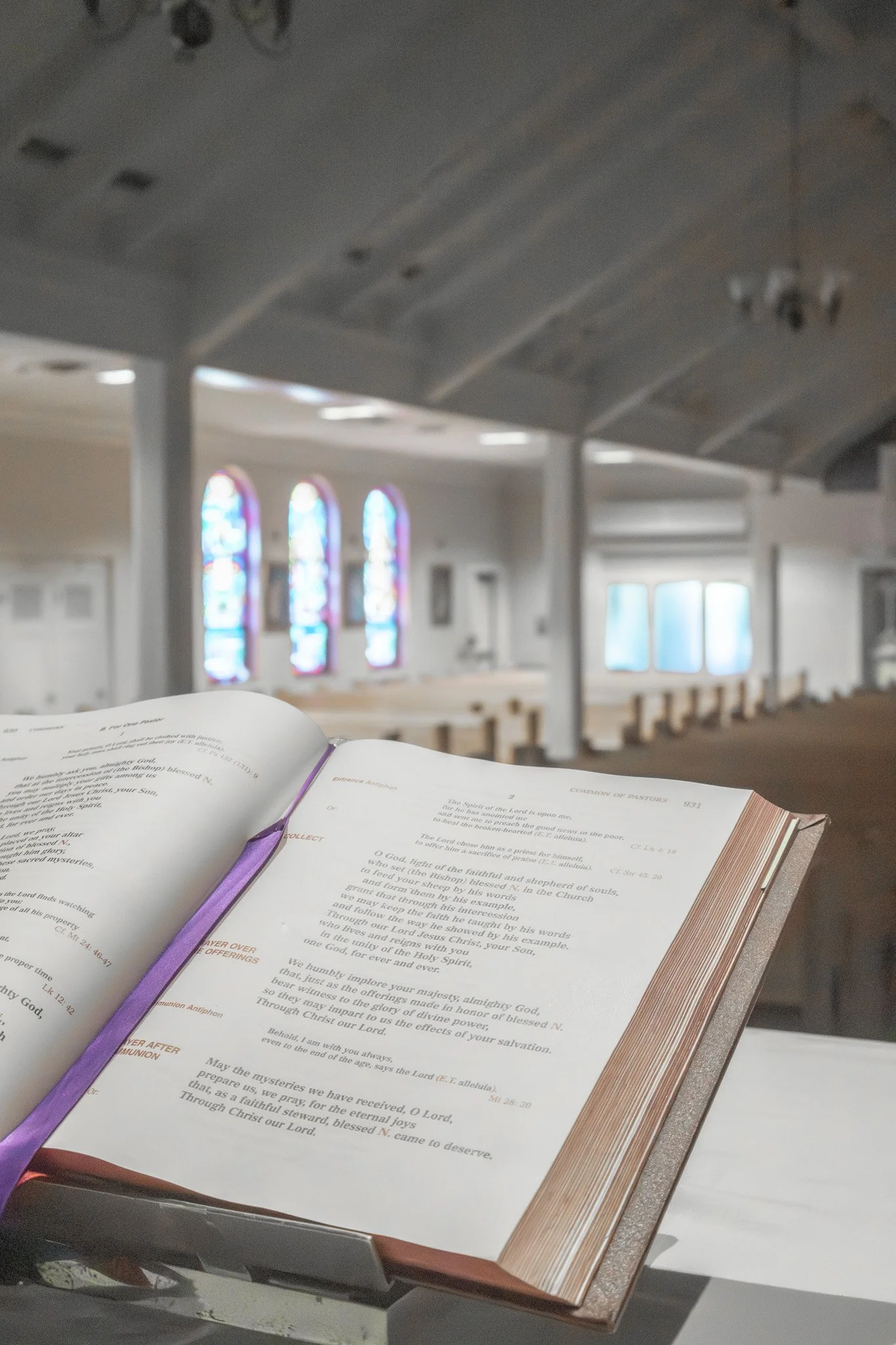 Open Bible on a lectern inside St. Albert the Great Catholic Church in Kettering, Ohio.