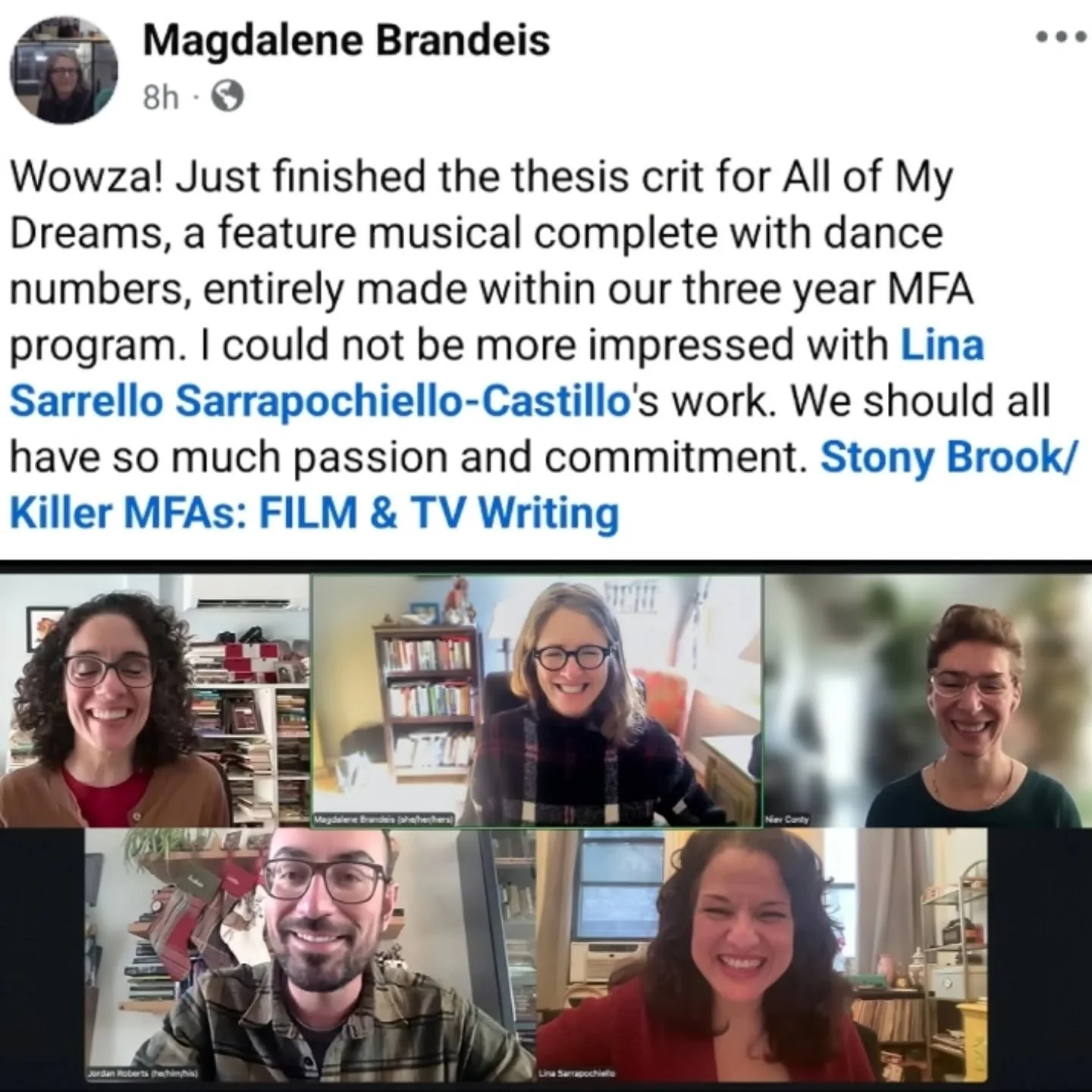 What an incredible milestone for All of My Dreams! 🎬
 Lina just wrapped her thesis crit, and we are beyond grateful for the love, guidance, and insight poured into this project by Magdalene Brandeis and the entire Stony Brook Film &amp; TV Writing f