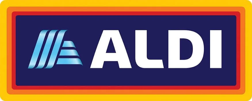 ALDI logo with blue, red, yellow, and orange borders.